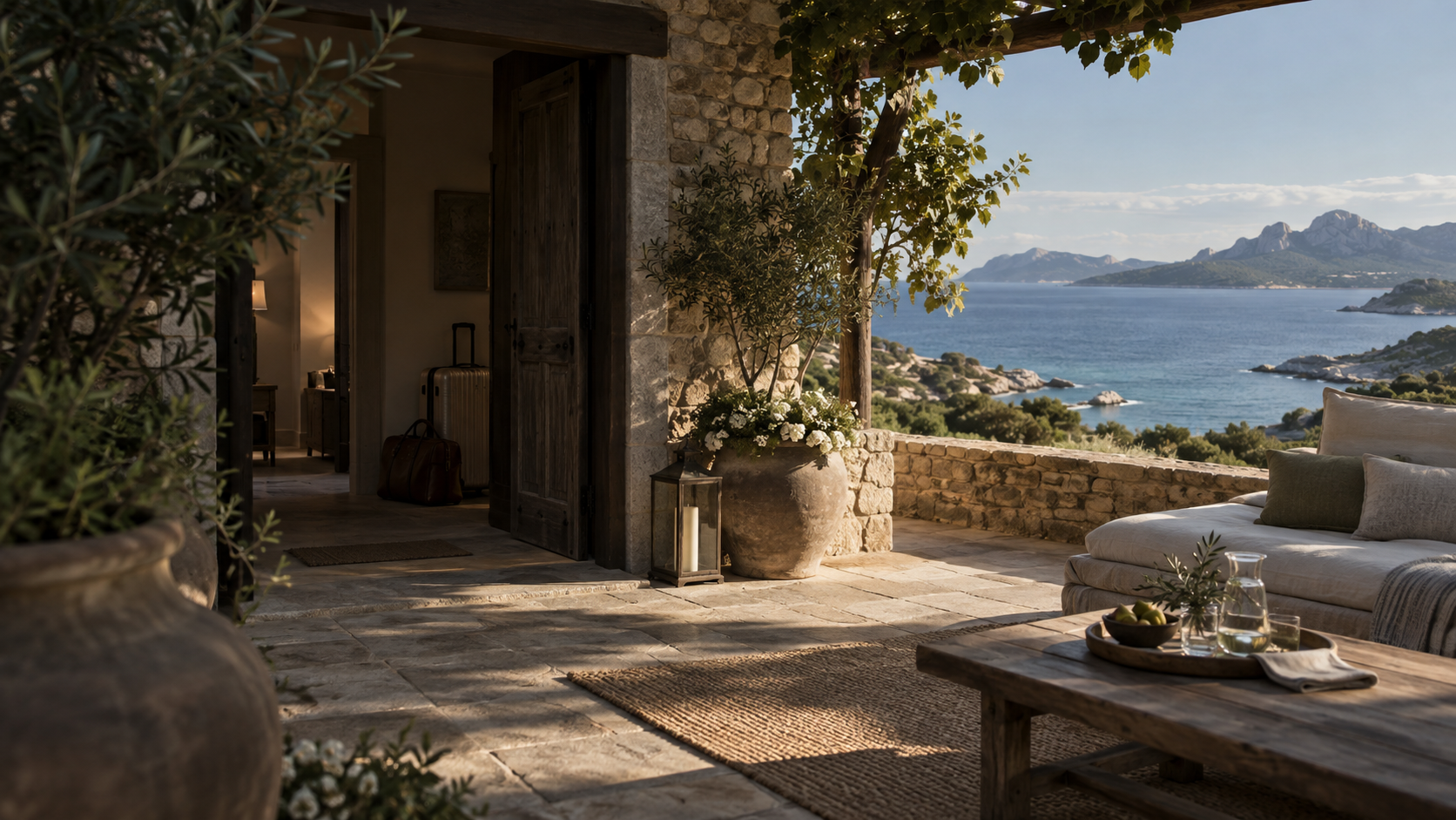 A prepared stone villa terrace overlooking the Sardinian coast