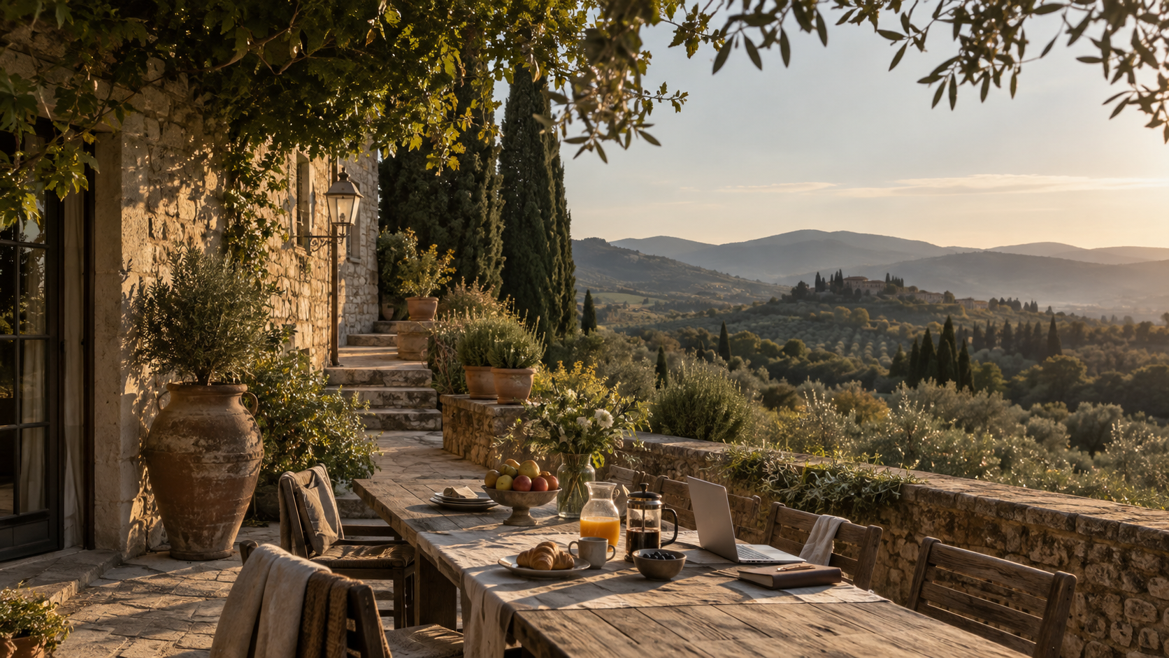 A peaceful Tuscan villa terrace prepared for breakfast and remote work